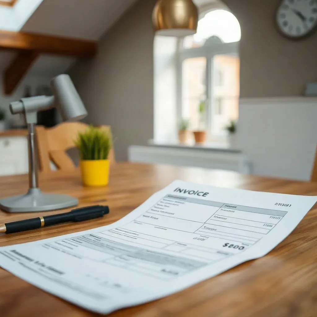An invoice document and a pen lie on a wooden dining table in a bright, open-plan home interior.