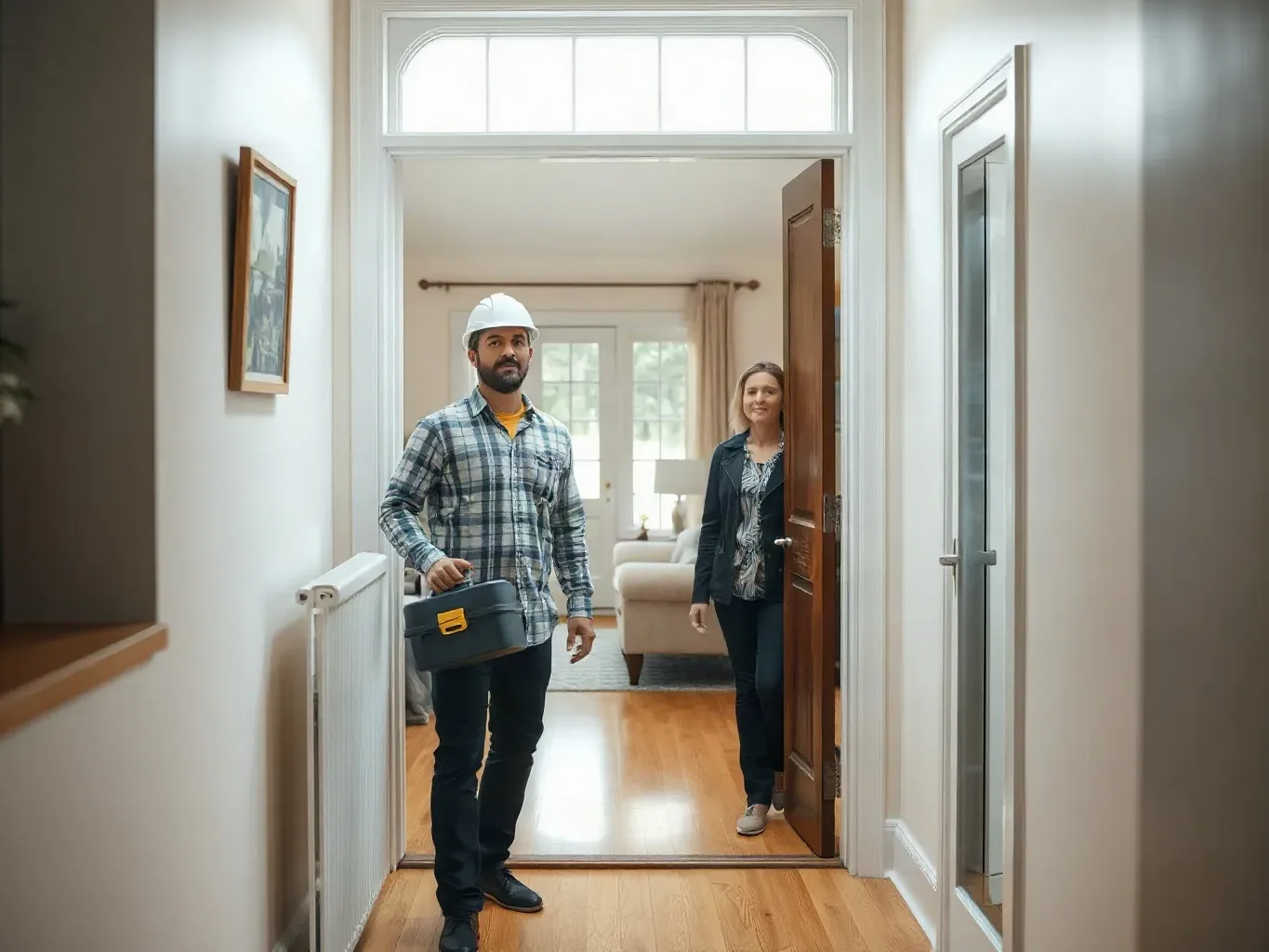 An engineer walking through a front door carrying a toolbox while a homeowner holds the door open