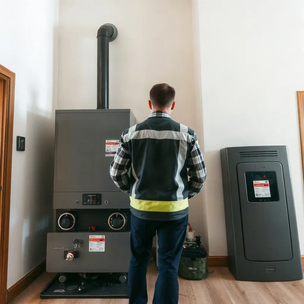 A technician in a hi-vis jacket inspects a large grey boiler unit with a flue pipe in a domestic hallway.