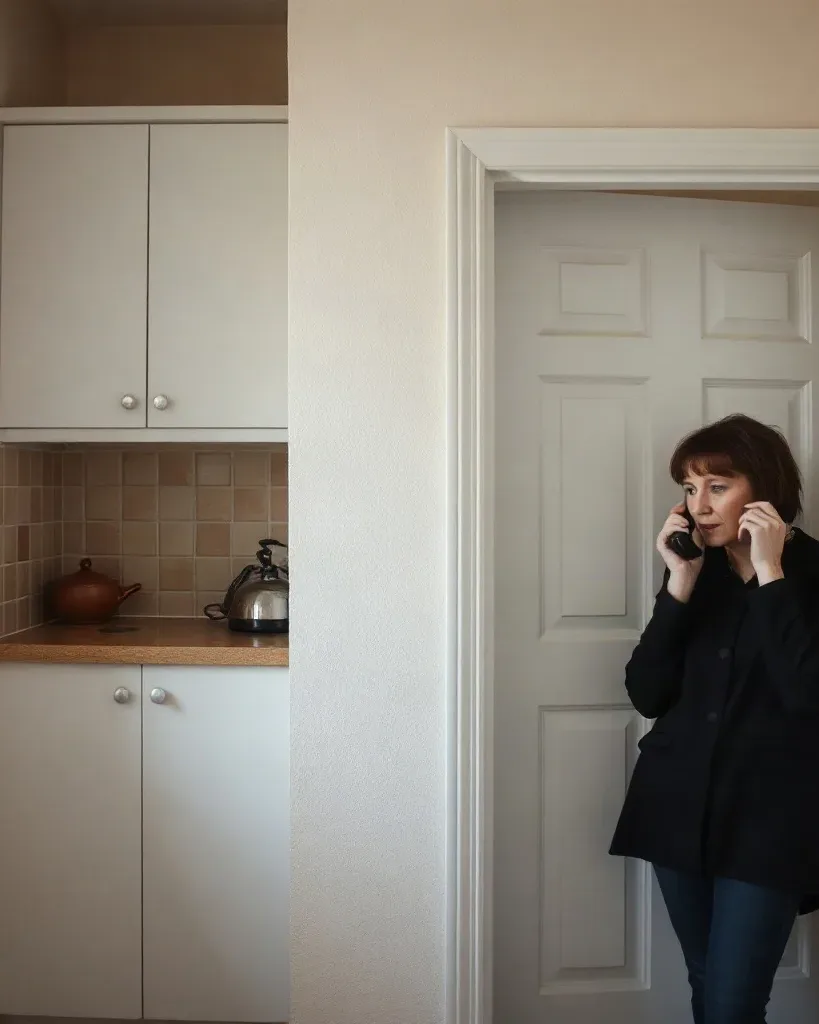A woman on a landline phone in a kitchen looking stressed beside a cold radiator