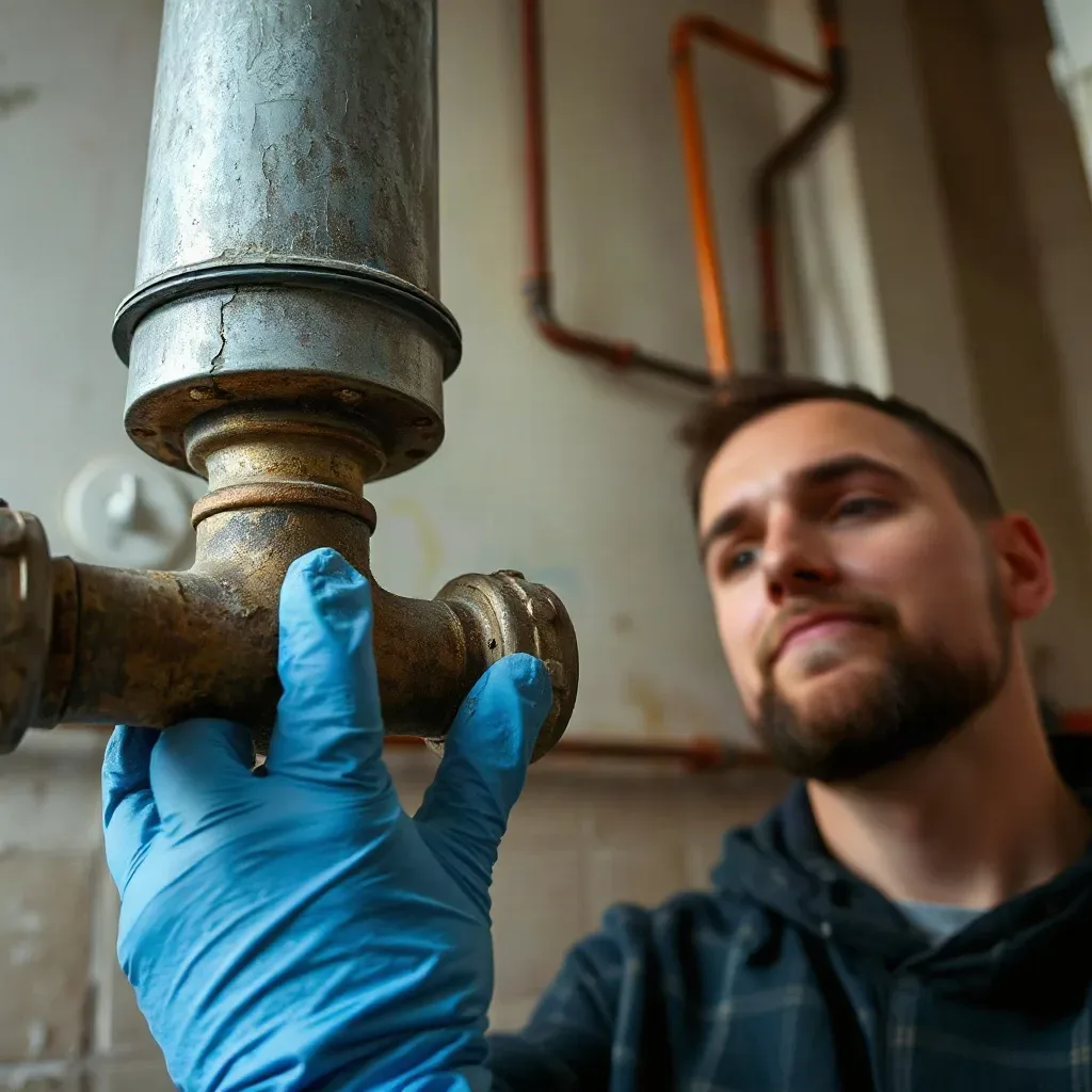 A person wearing blue gloves inspects corroded pipe joints in a utility room.