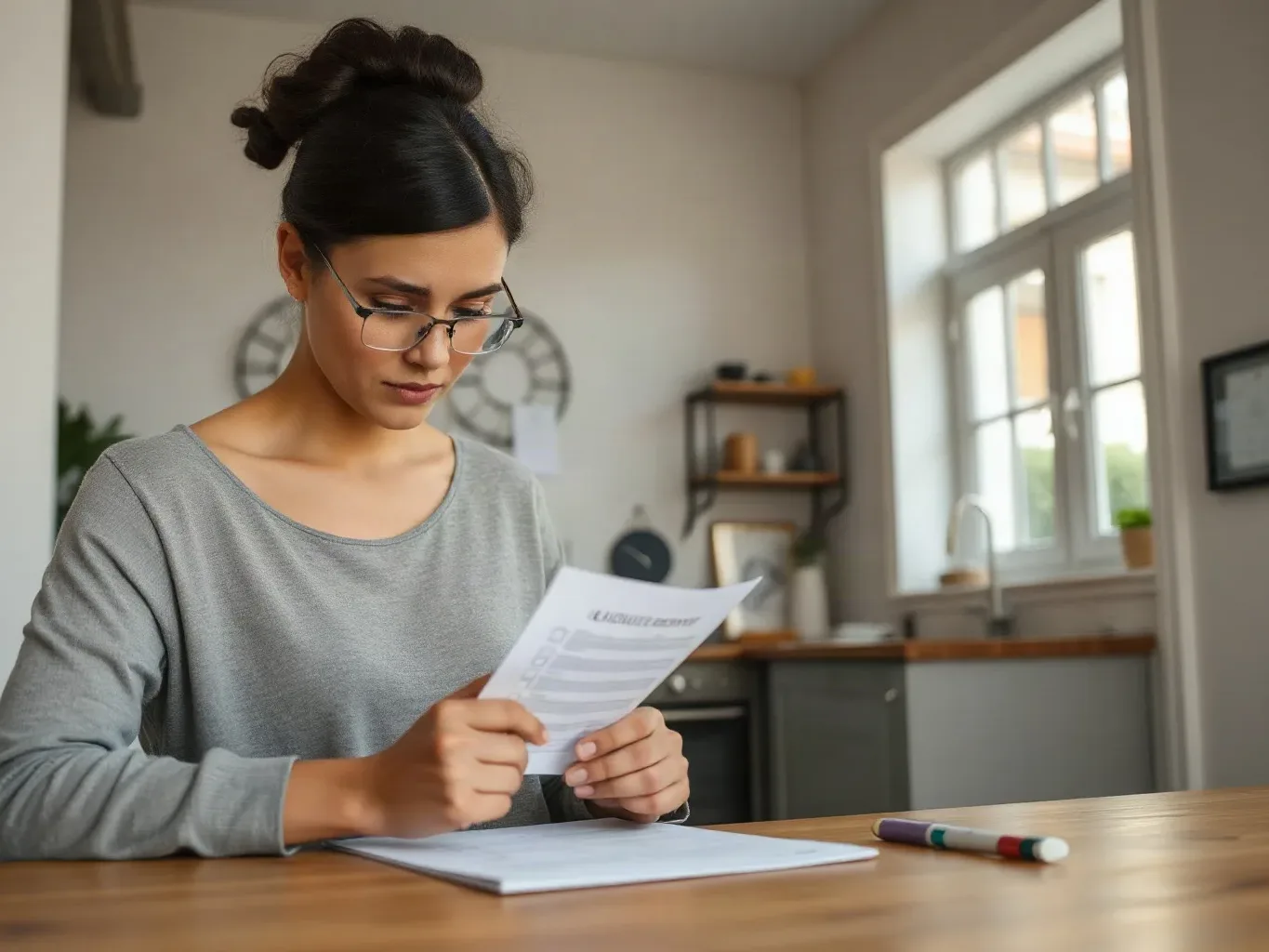 A person ticking boxes on an eligibility checklist form at a kitchen table