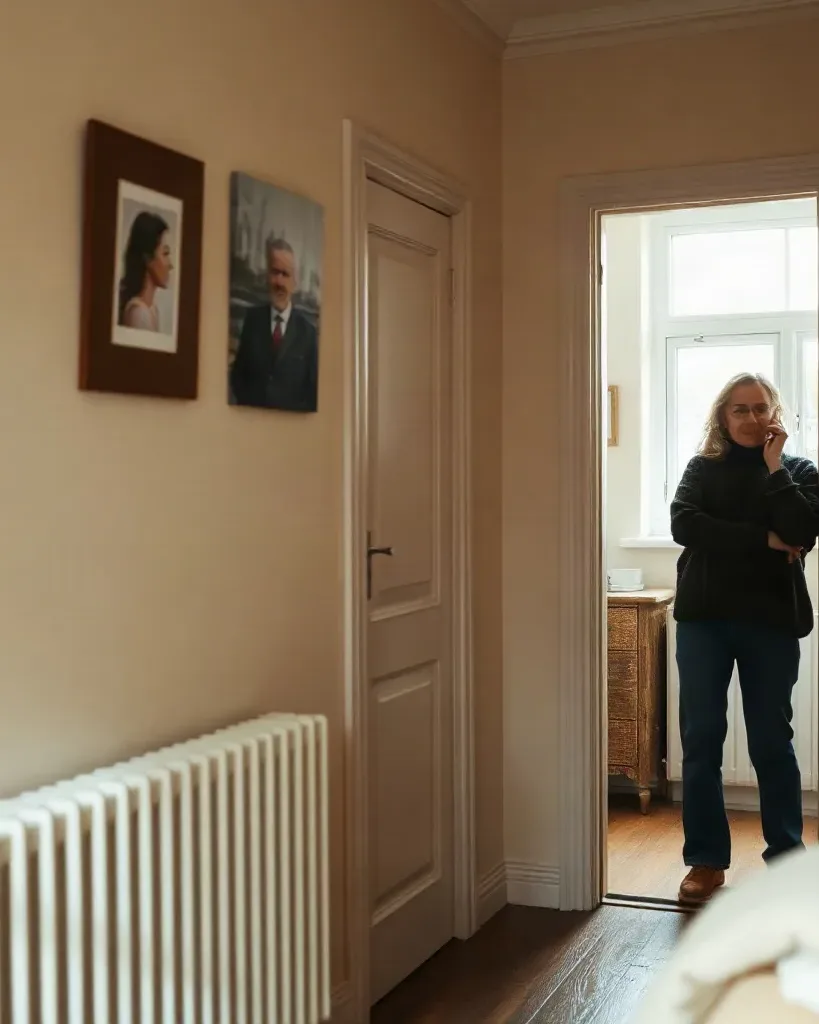 A homeowner on a phone call standing in a hallway beside a radiator