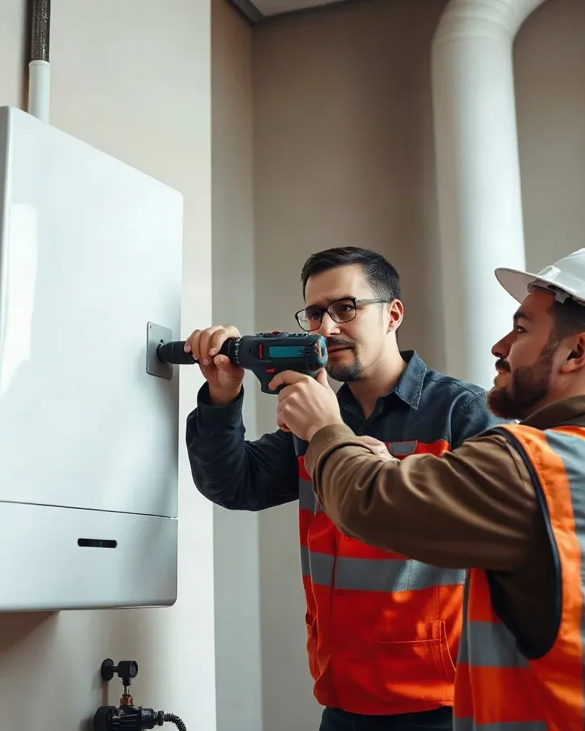 An engineer drilling a wall mounting bracket while a colleague holds the boiler unit steady