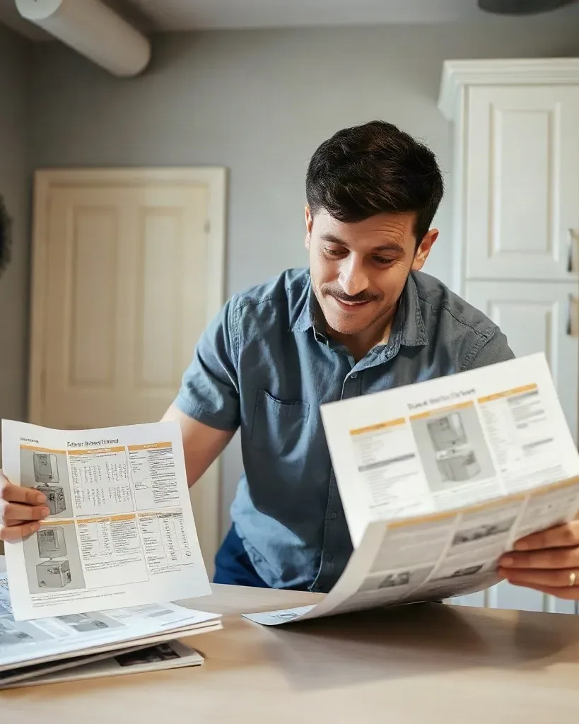 An engineer spreading multiple boiler model specification sheets across a kitchen counter for a homeowner to review