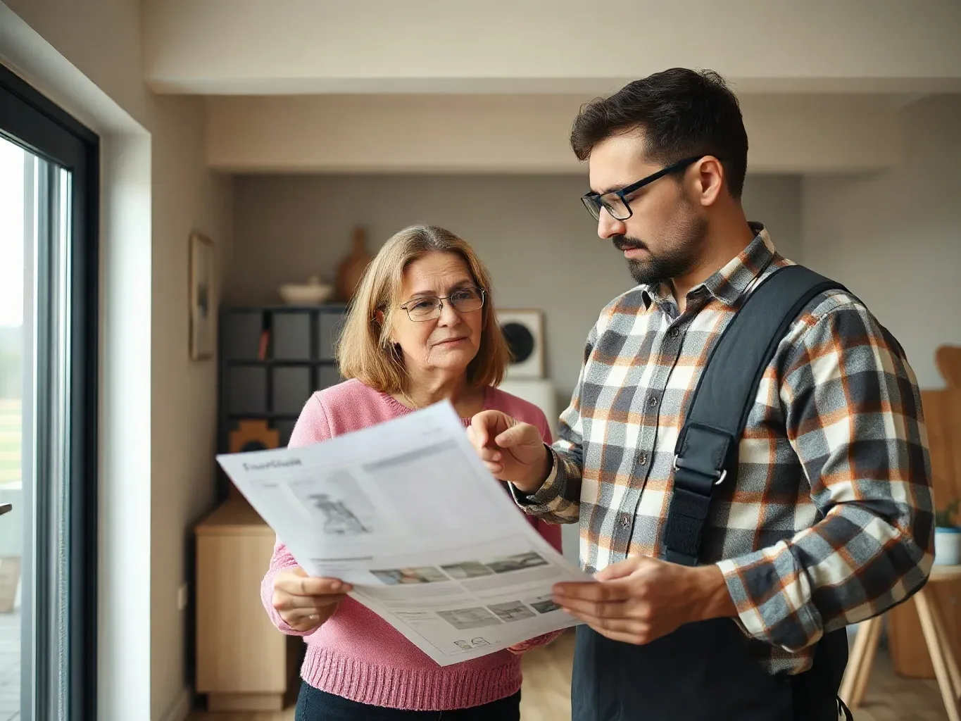 A homeowner pointing at a specific section of a boiler installation leaflet while talking to an engineer