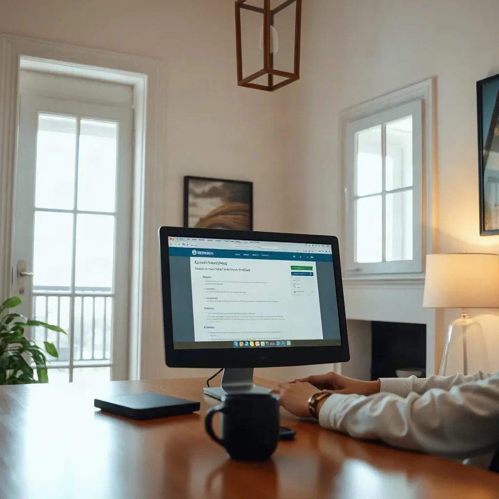 A person completing an online grant application on a desktop computer at a home office desk